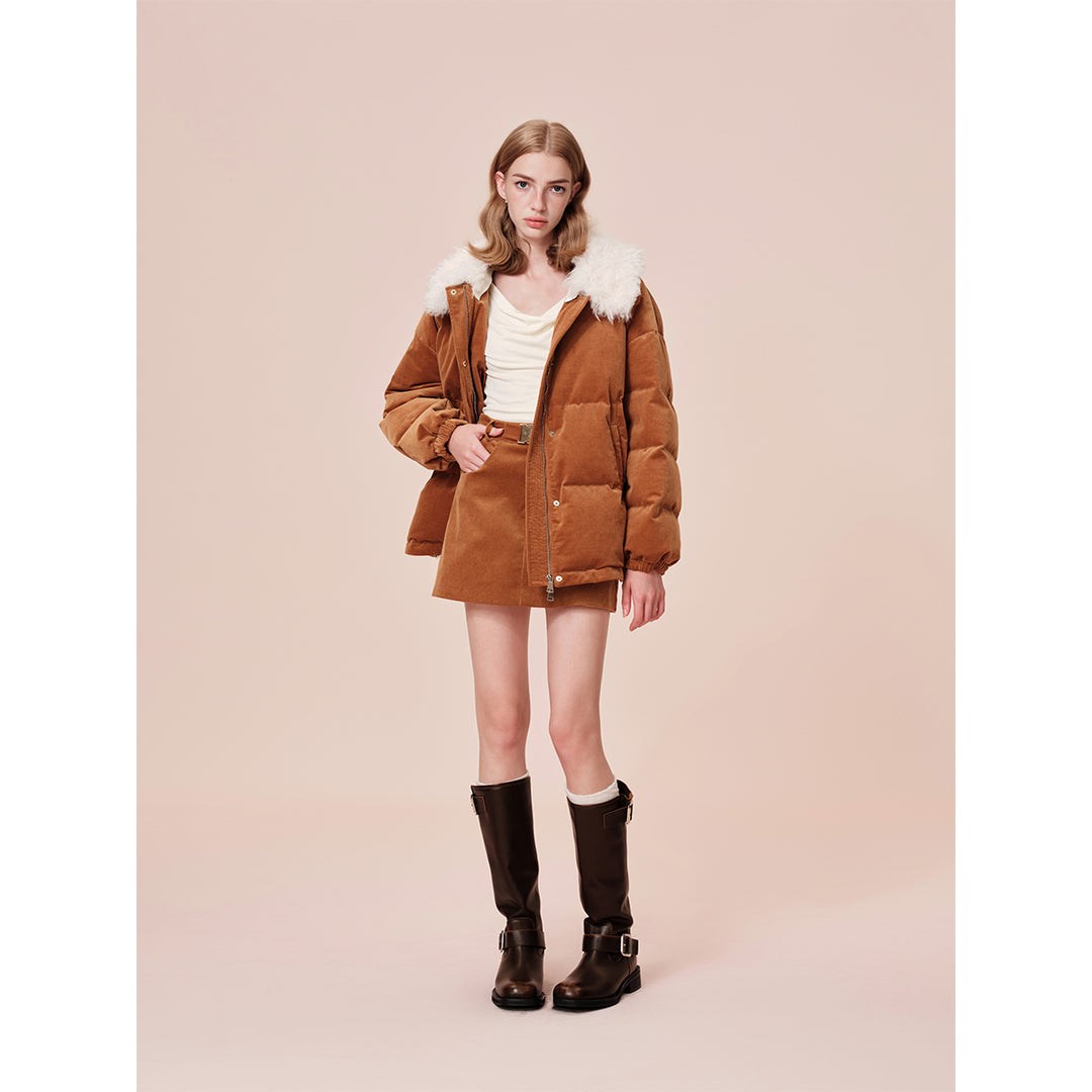 Rocha Roma Fur Lapel Corduroy Down Jacket Khaki