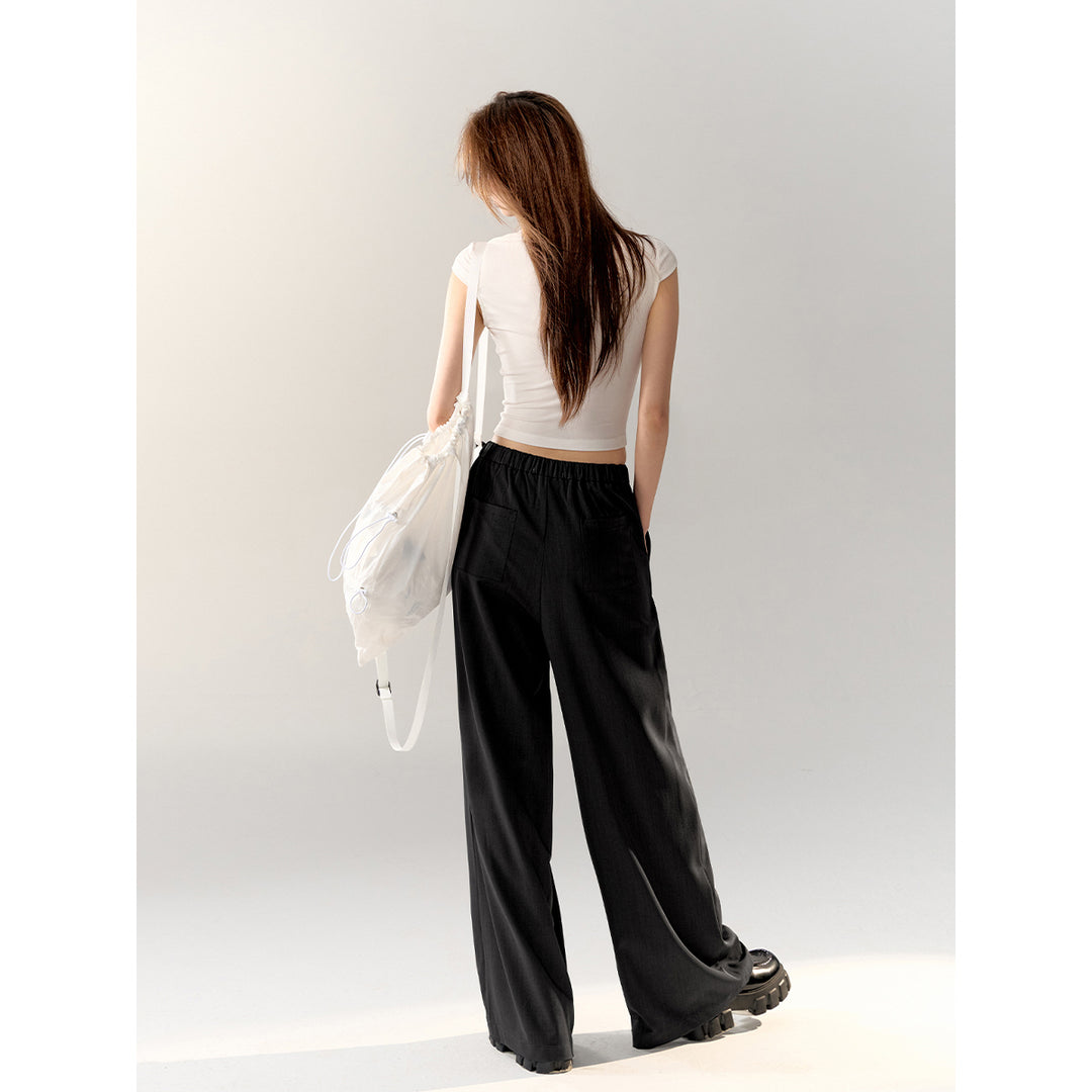 AsGony Stitching Drawstring Wide-Leg Suit Pants Black