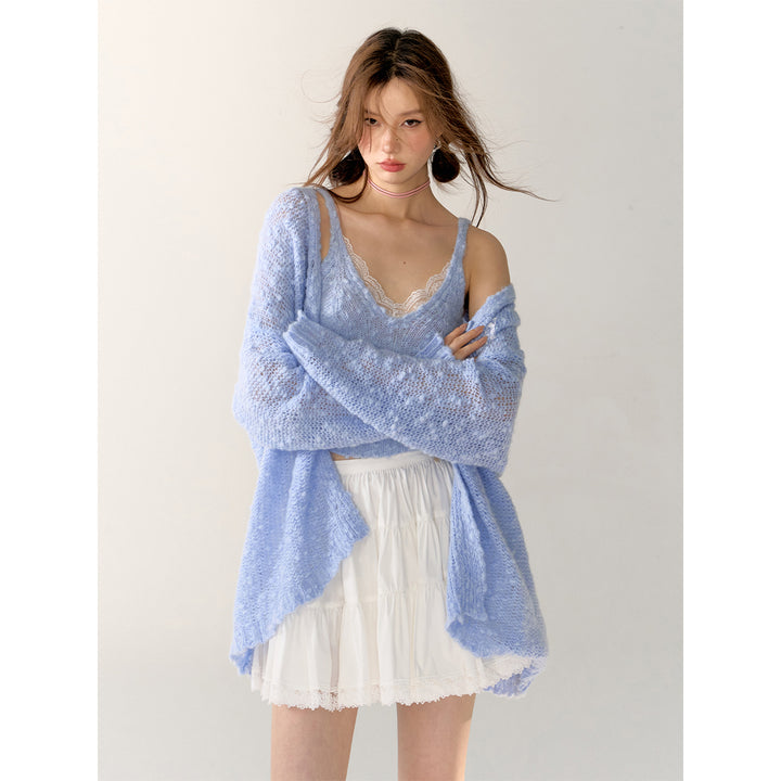 AsGony Lace Patchwork Knit Slip Vest Blue