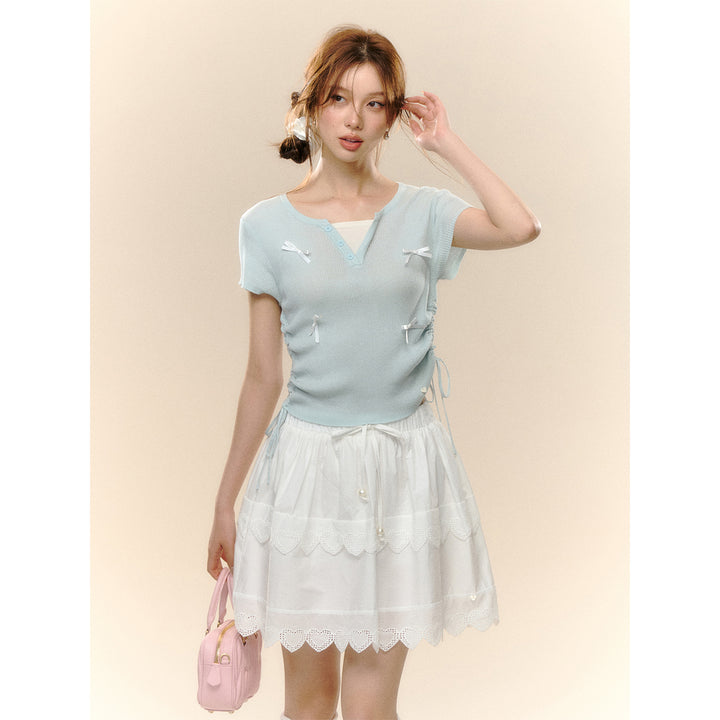 AsGony Fake-2-Piece Bow Tie Drawstring Knit Top Blue