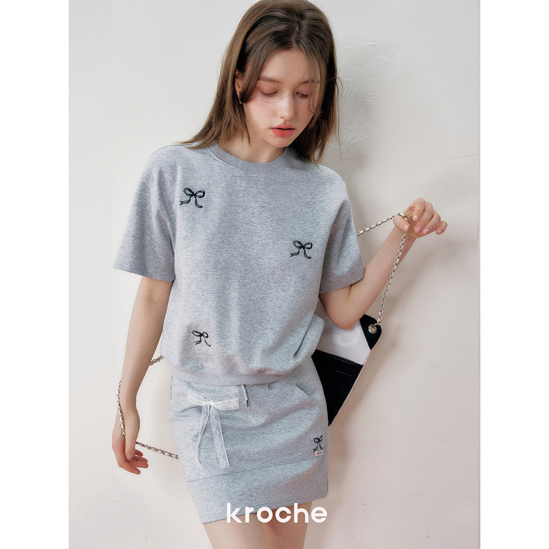 Kroche Bow Embroidered Sports Casual Skirt Gray