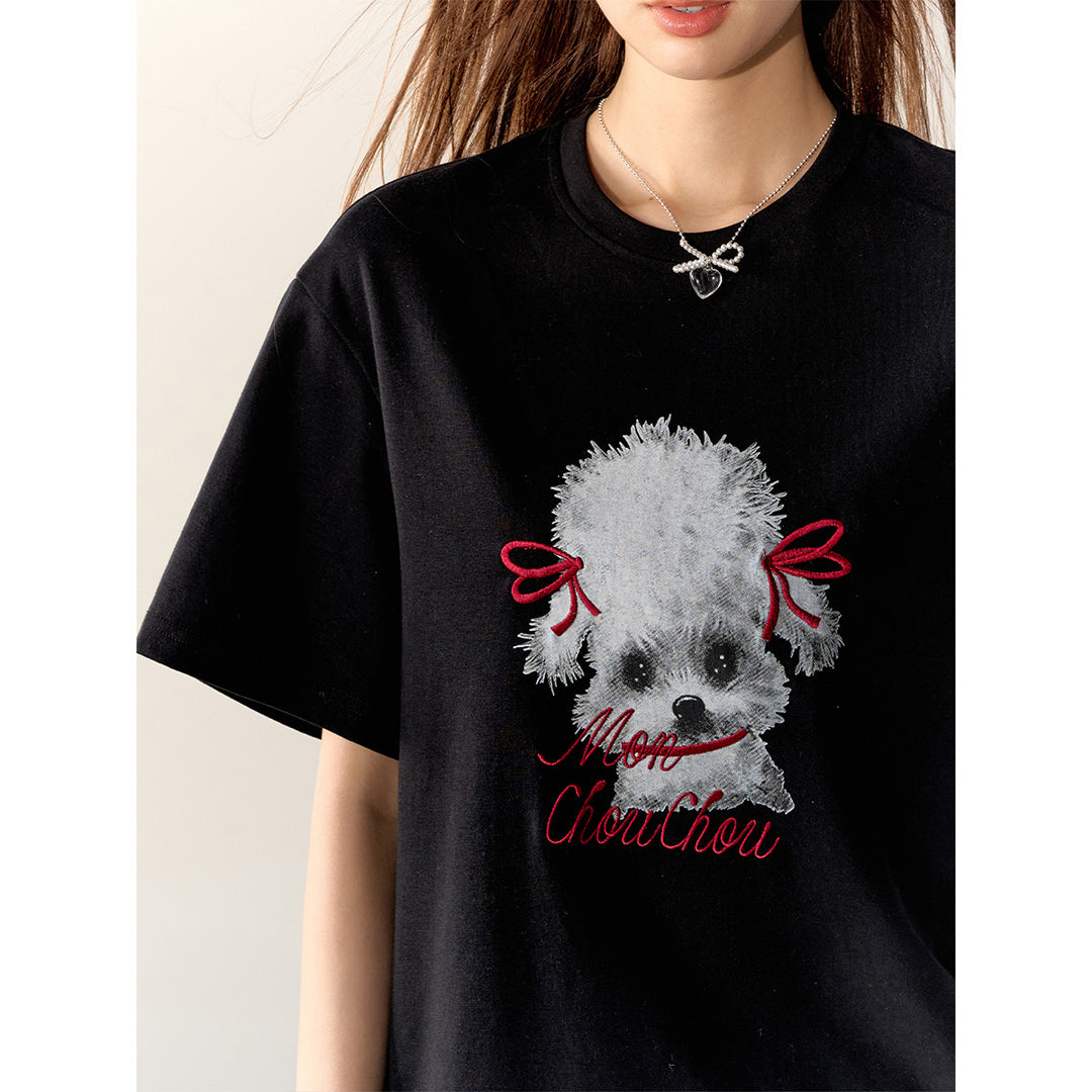 AsGony Puppy Printed Straight Shoulder T-Shirt Black