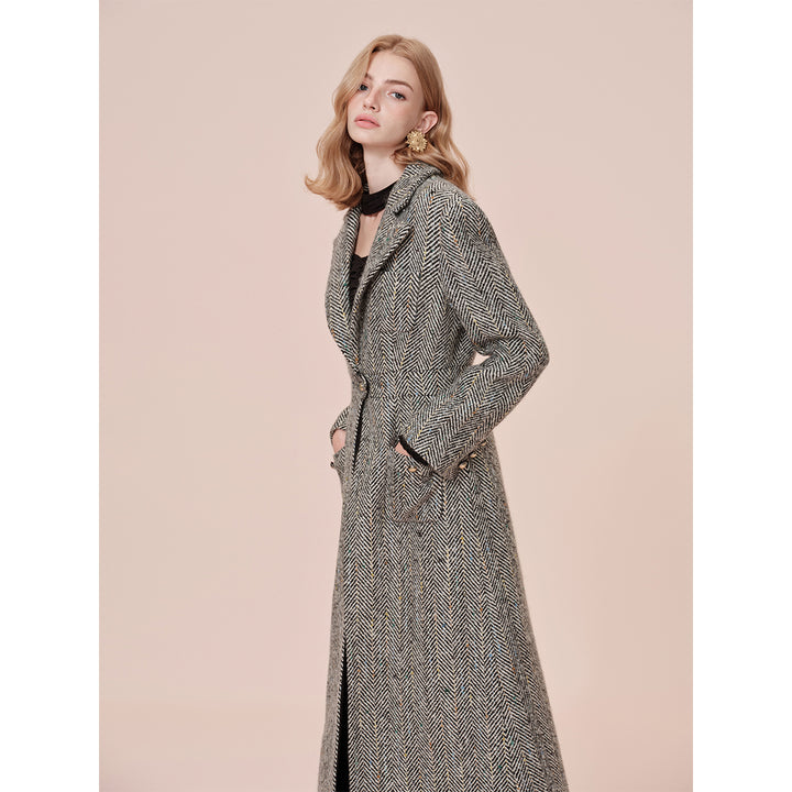 Rocha Roma Colored Dots Plaid Lapel Tweed Long Coat