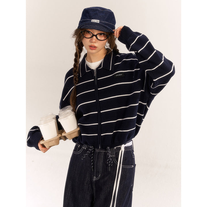 AsGony Contrast Color Drawstring Polo Knit Cardigan Navy Blue