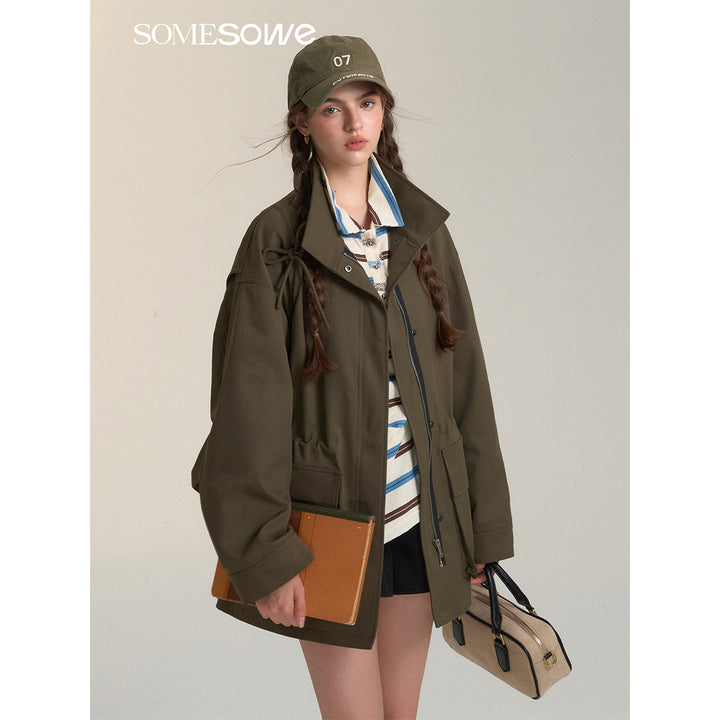 SomeSowe Bow Drawstring Waisted Cargo Jacket Olive Green