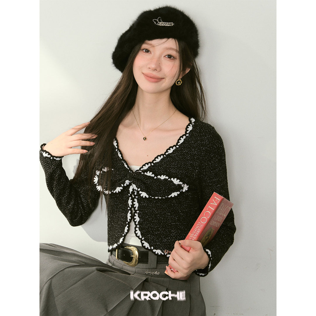 Kroche Color Blocked Bow Tie Knitted Cardigan Black - Mores Studio