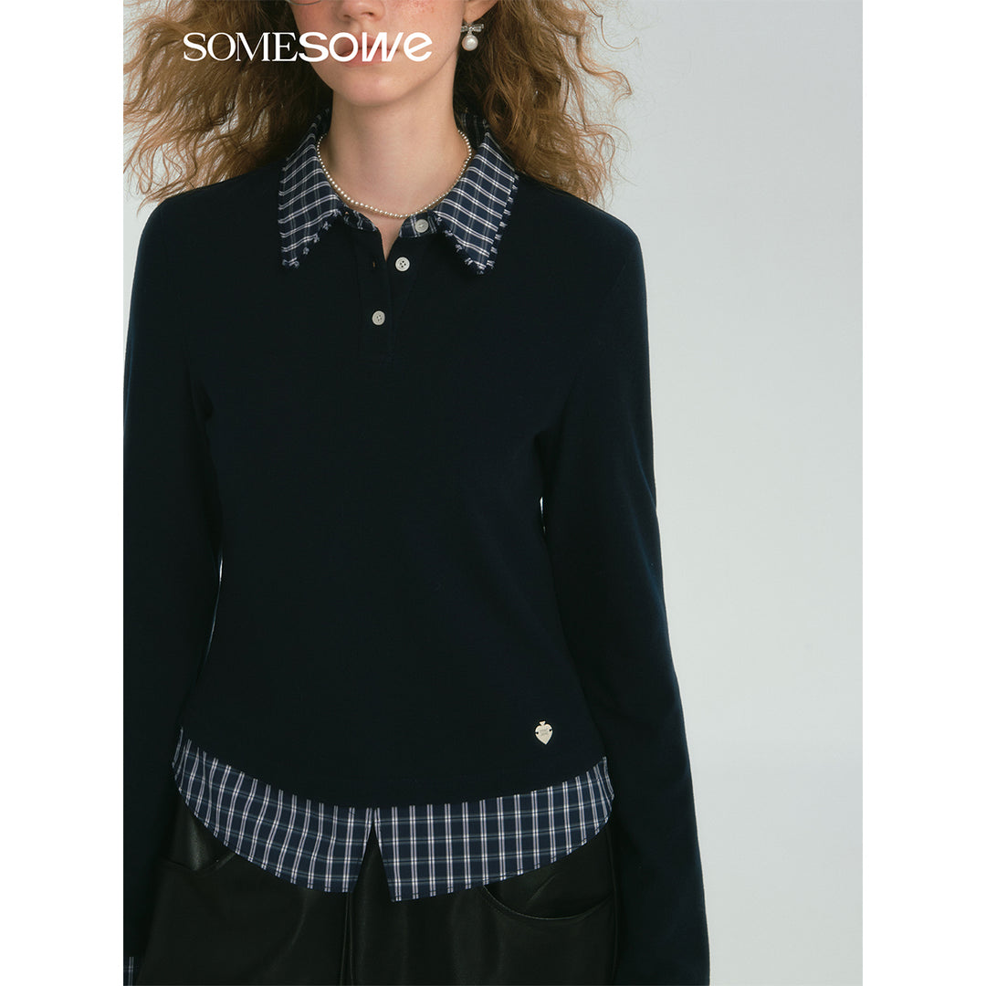 SomeSowe Plaid Patchwork Long Sleeve Polo Top Navy Blue