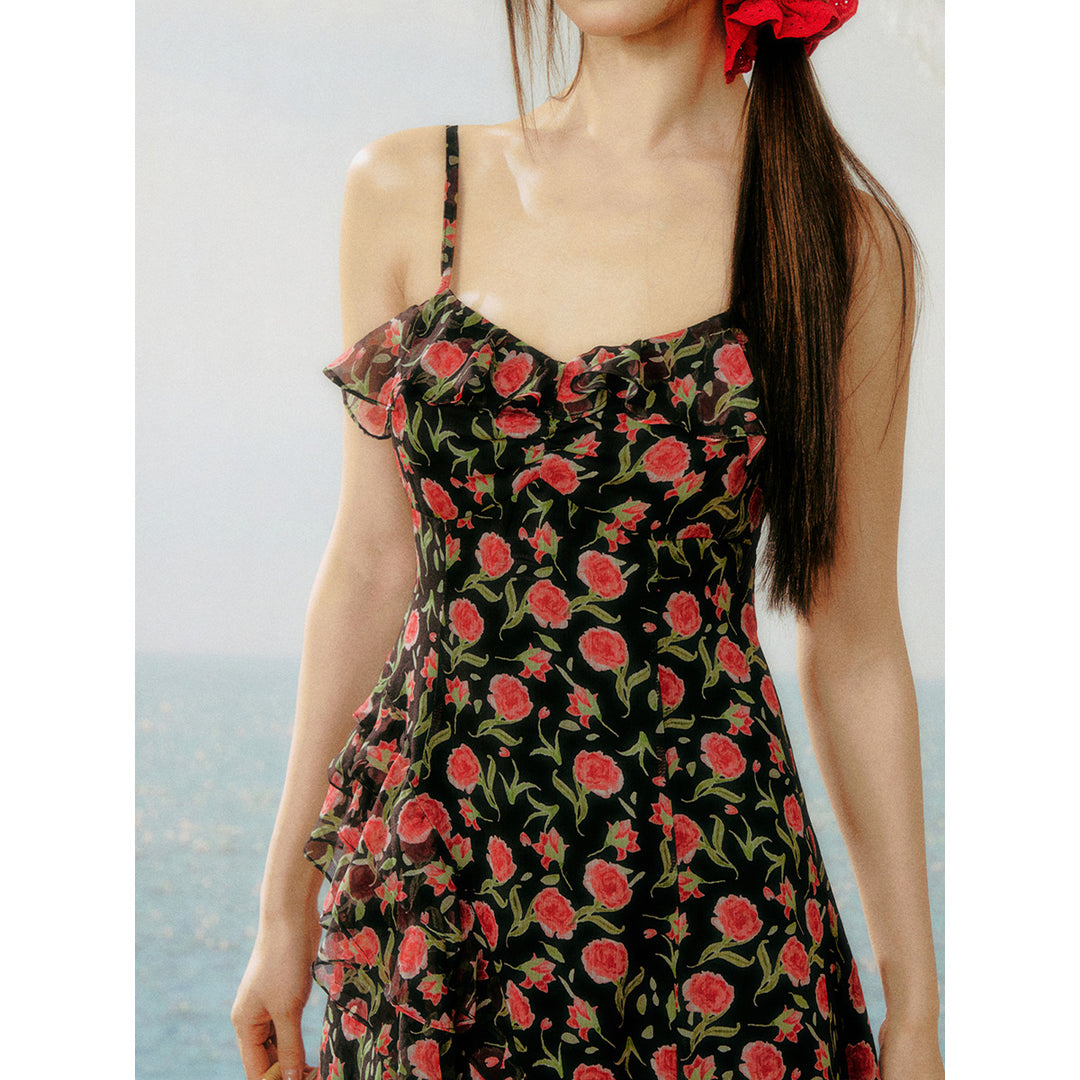 AsGony Printed Rose Floral Irregular Slip Dress Black