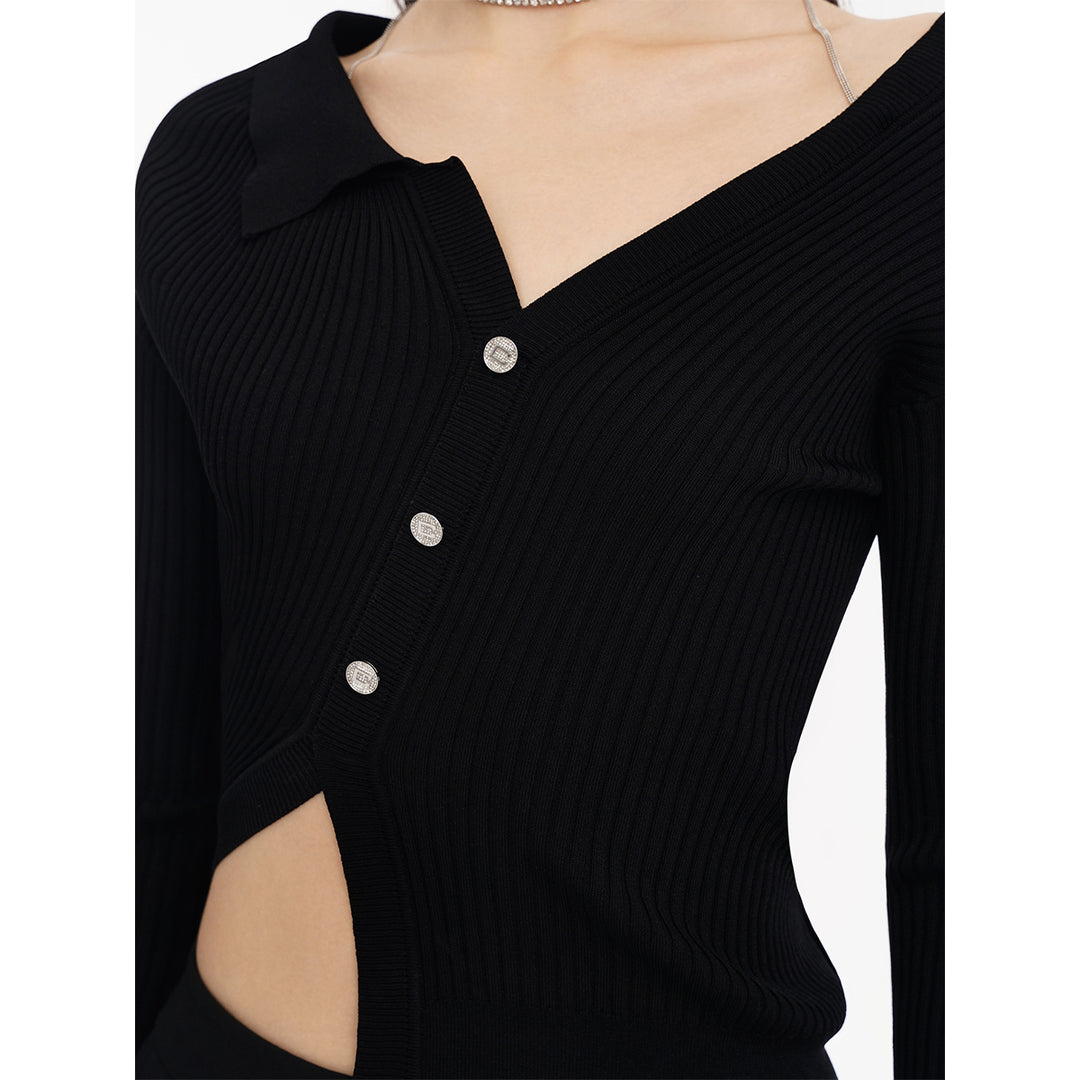 Cottia Asymmetry Knitted Long-Sleeved Top Black