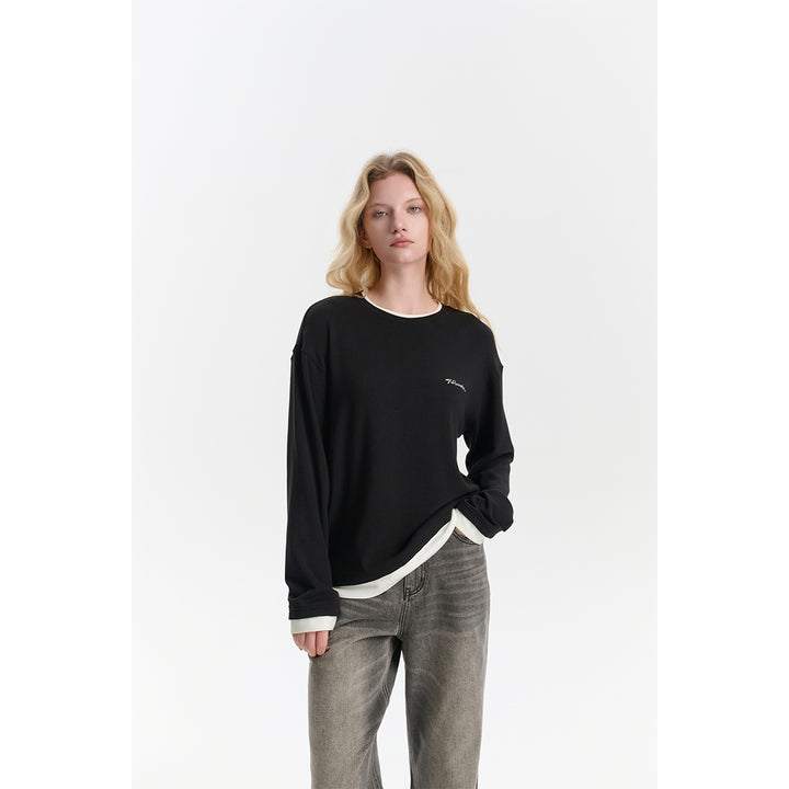 Three Quarters Fake-2-Piece Mousse Cashmere Loose Top Black