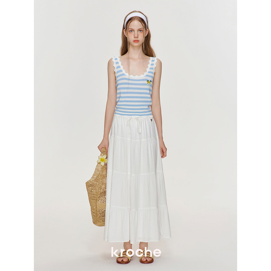 Kroche Hollow Out Striped Embroidered Knit Vest Blue