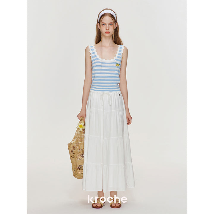 Kroche Hollow Out Striped Embroidered Knit Vest Blue