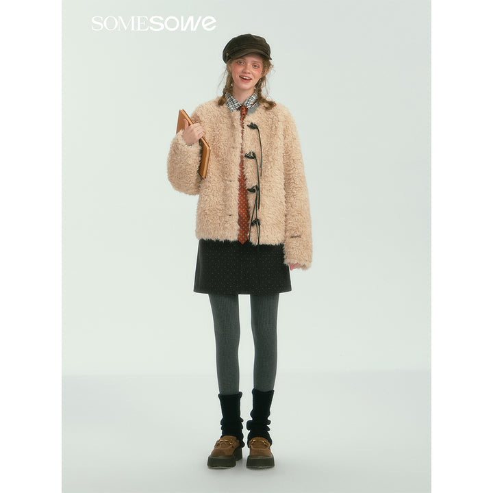 SomeSowe Tassel Horn Button Furry Jacket Beige