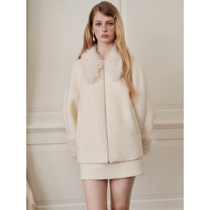 Rocha Roma Fluffy Patchwork Tweed Woolen Jacket White