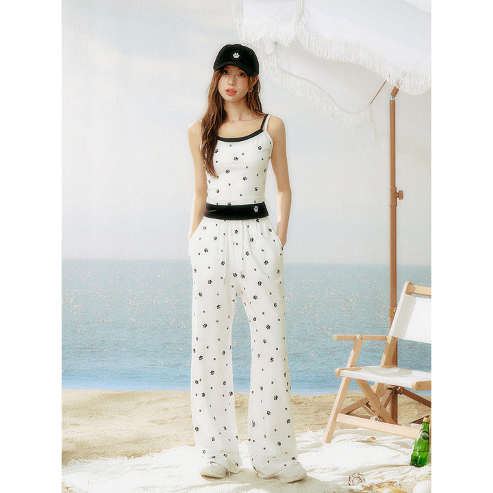 AsGony Dog Claw Waisted Casual Pants White