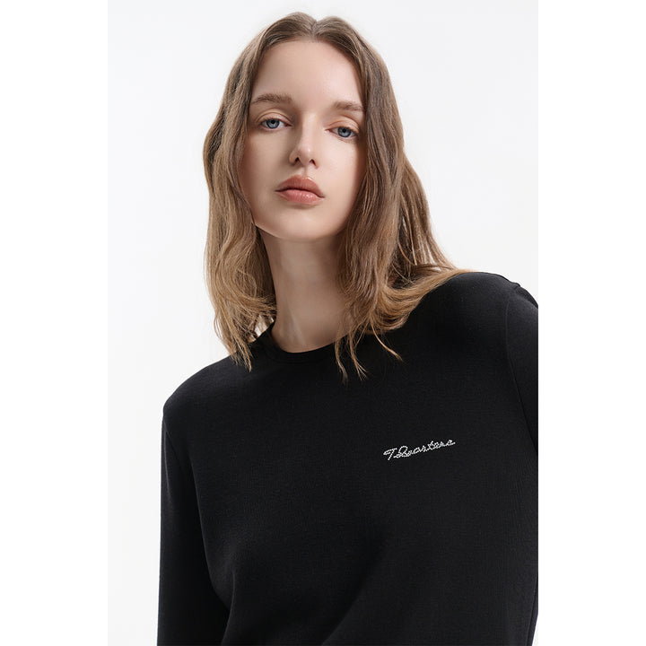 Three Quarters Hotfix Logo Tencel Wool Top Black