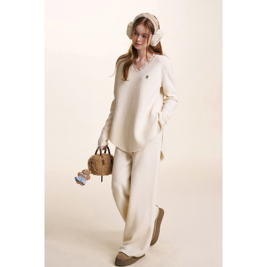 Kroche Elastic-Waist Casual Knit Pants Cream