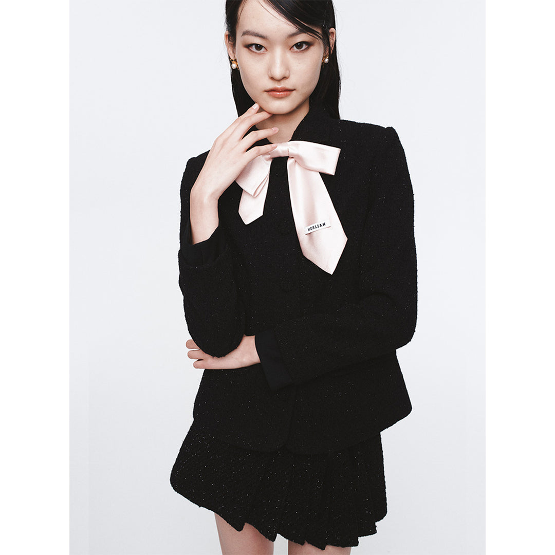 Herlian Detachable Bow Irregular Pleated Skirt Black