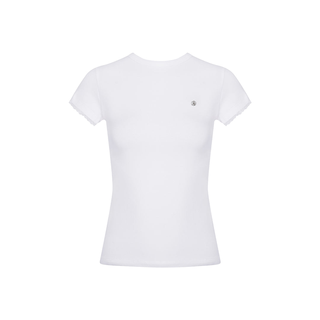 Kroche Lace Sleeve Clean Fit Logo Slim Fit Top White
