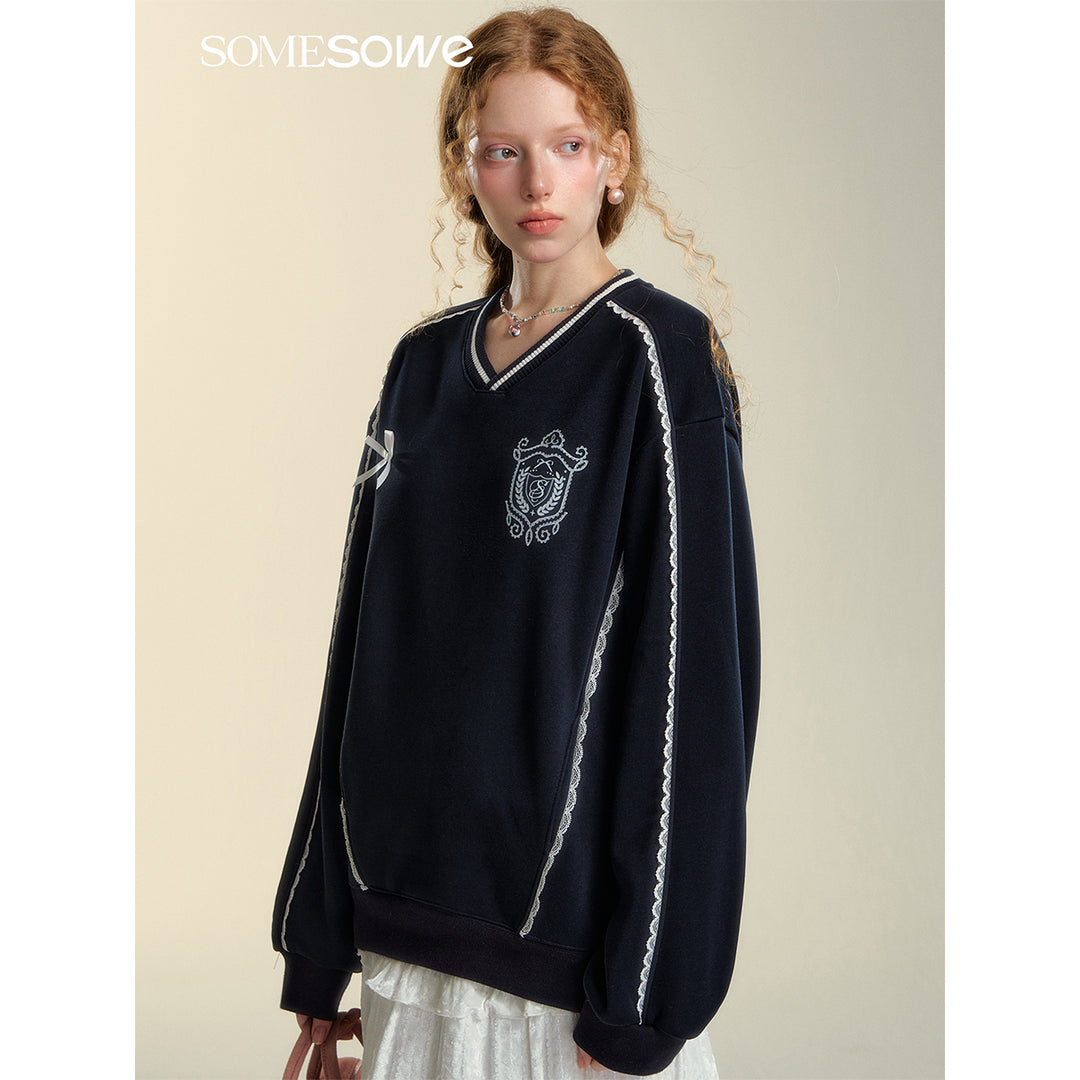 SomeSowe Lace Badge V-Neck Sweatshirt Navy Blue