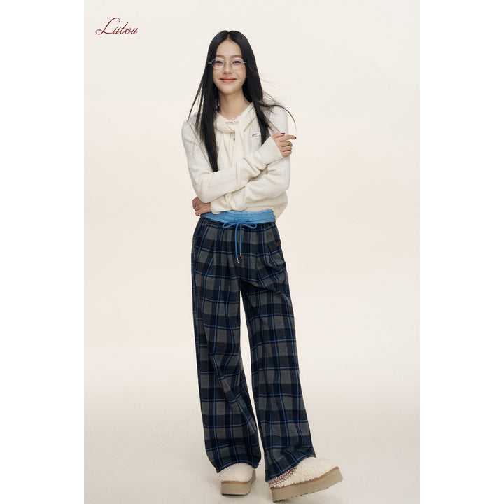 Liilou Contrast Color Plaid Tweed Thicken Casual Pants