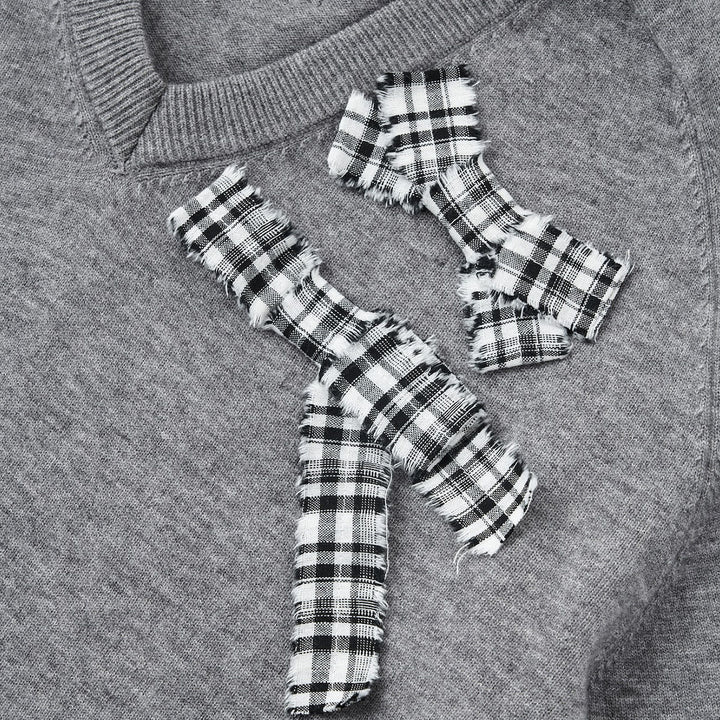 SomeSowe Plaid Bow V-Neck Knit Sweater Gray