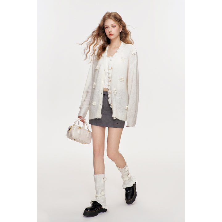 Kroche Rose Crochet Woolen Knitted Cardigan White