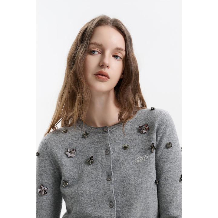 Three Quarters Heavy Sequin Flower Wool Cardigan Gray