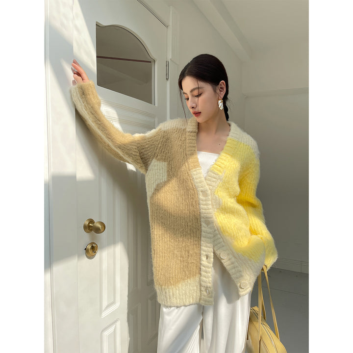 Rumia Dewar Knitted Cardigan Yellow And Camel - Mores Studio