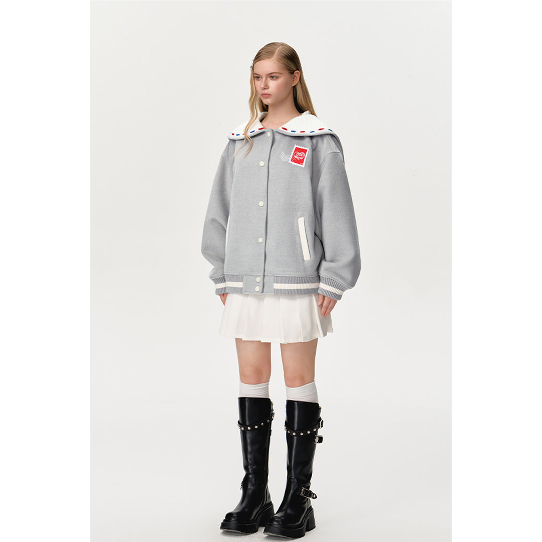 13De Marzo Sailor Collar Love Letter Baseball Jacket Grey