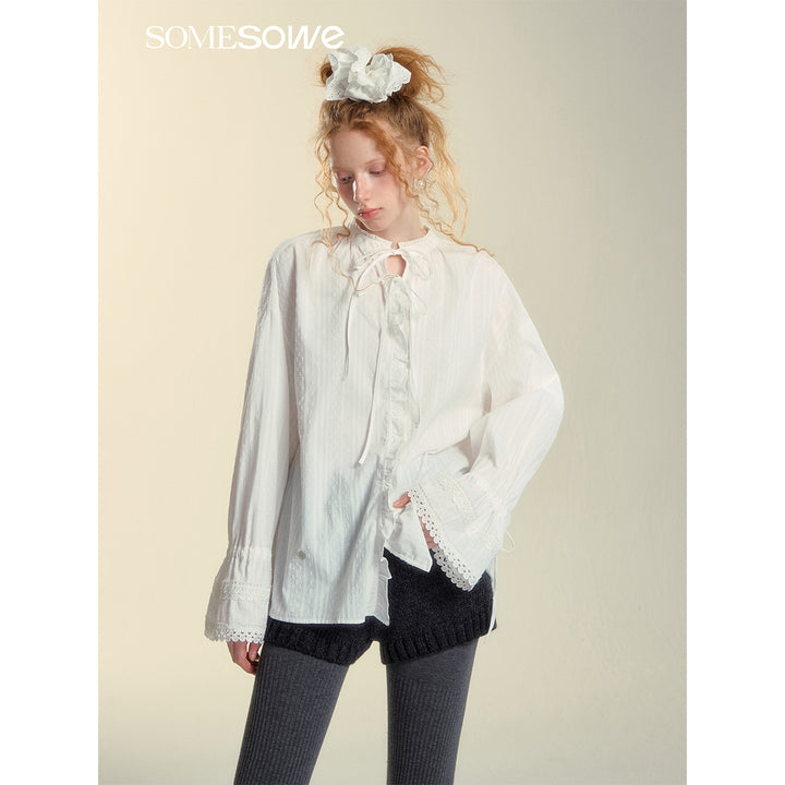 SomeSowe Lace Edge Jacquard Lace Up Top White