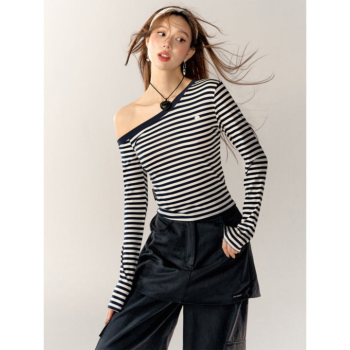 AsGony Striped Diagonal Shoulder Slim Top