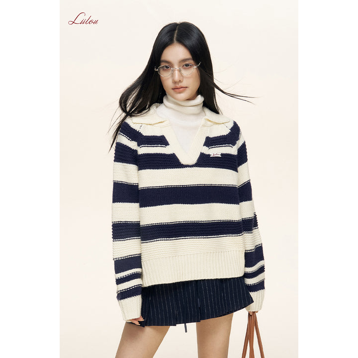 Liilou Contrast Color Striped Lapel V-Neck Knit Sweater