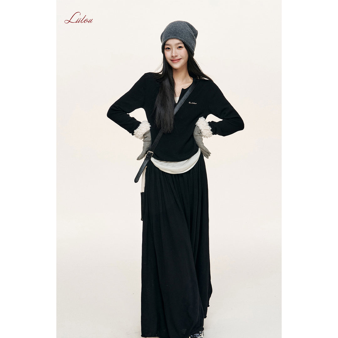 Liilou Draped Elastic-Waist Woolen A-Line Long Skirt Black