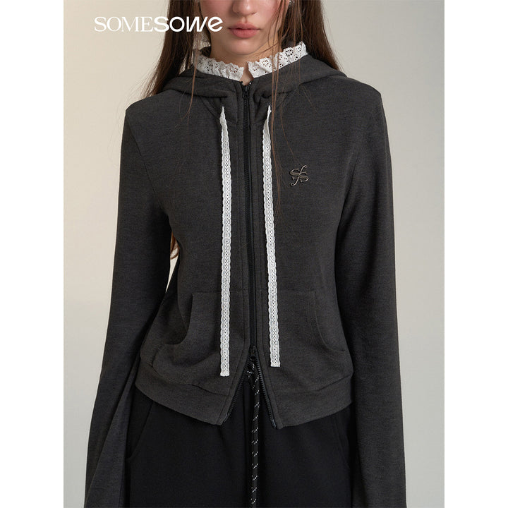 SomeSowe Lace Edge Slim Zip Up Hoodie Gray