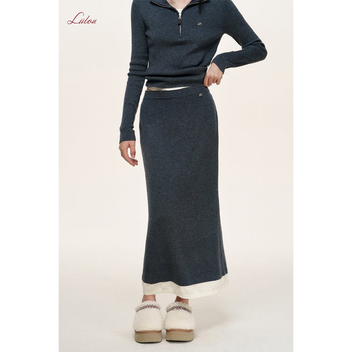 Liilou Merino Woolen Fake-2-Piece Knit Long Skirt Dark Gray