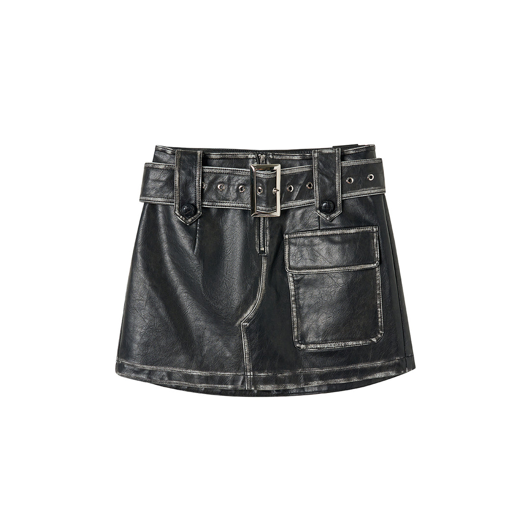 Via Pitti Distressed Heavy Washed Leather Skirt Black - Mores Studio