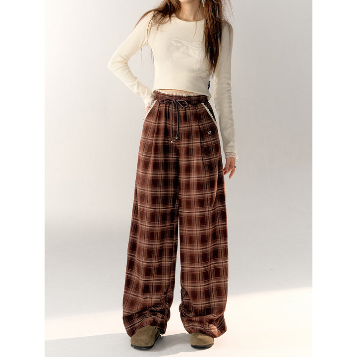 AsGony Retro Plaid High Waist Wide-Leg Pants Brown