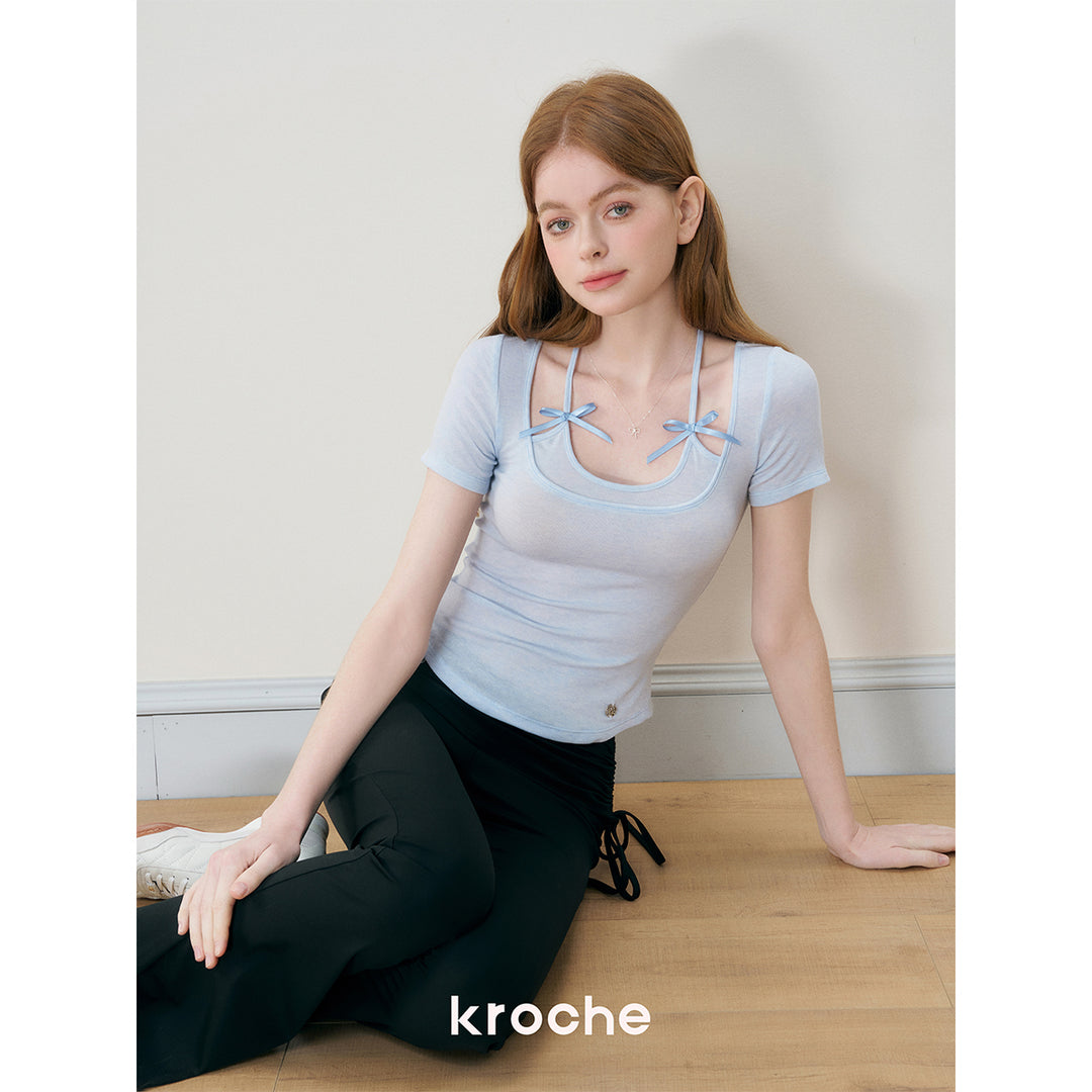 Kroche Fake-2-Piece Halter Bow Short Sleeve Tee Blue