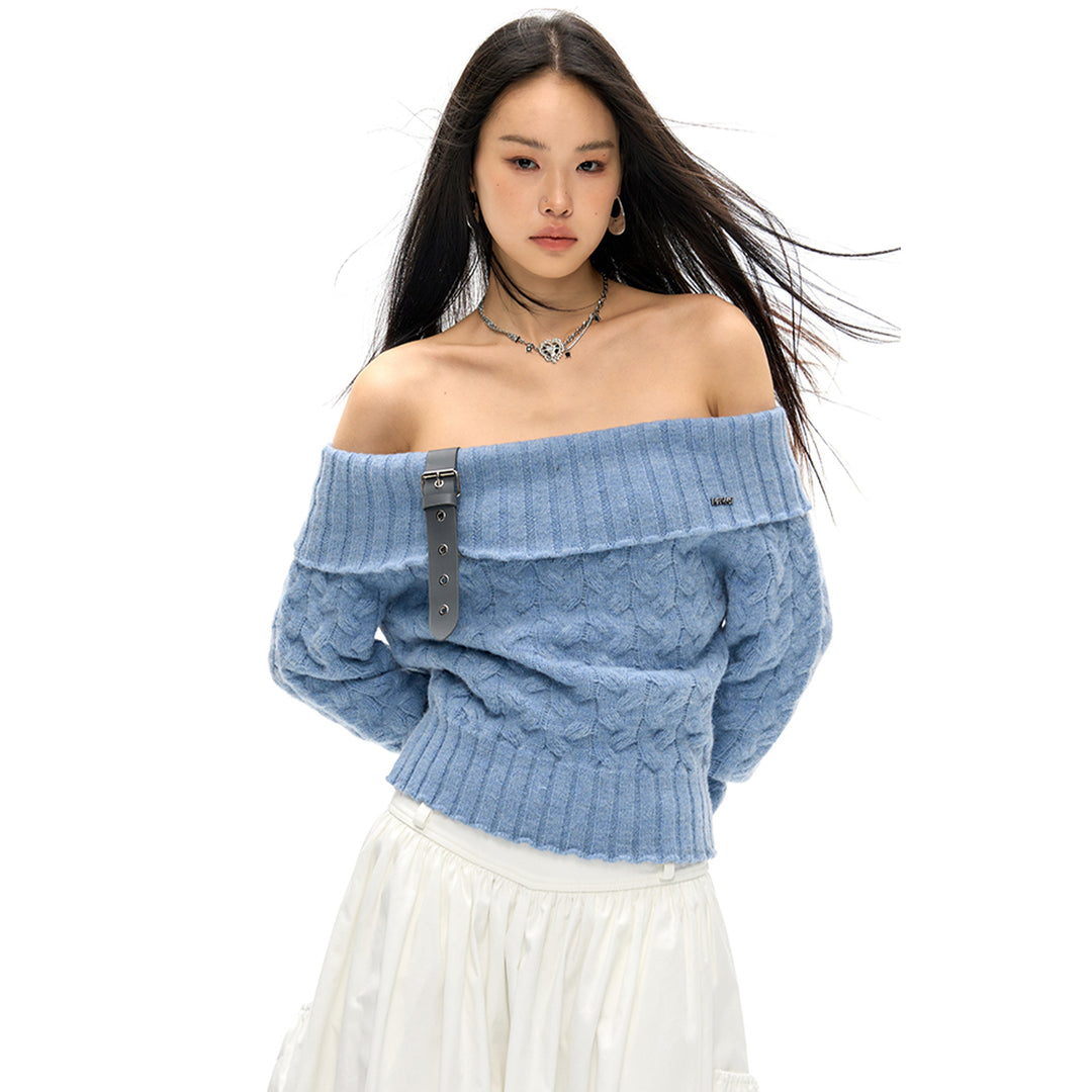 NotAwear Detachable Belt Off-Shoulder Knit Top Blue - Mores Studio