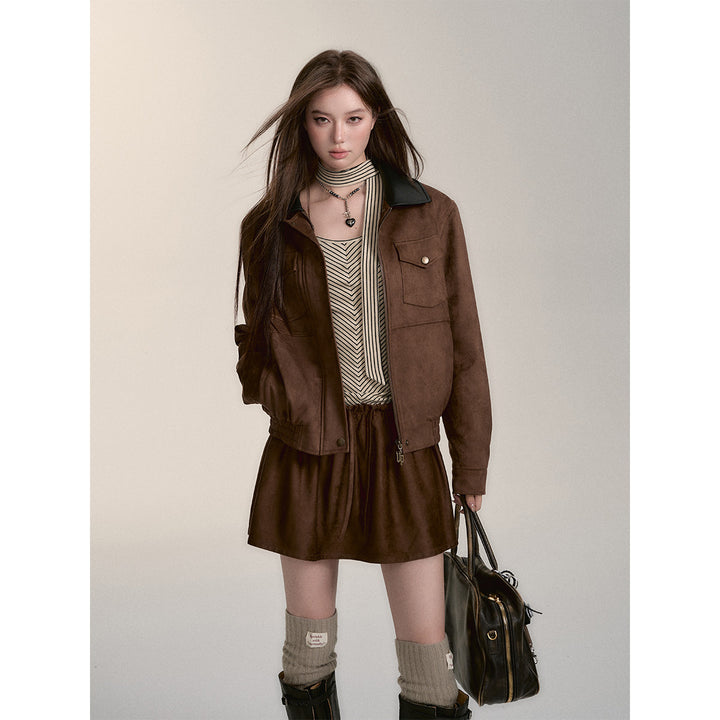 Via Pitti Fake-2-Piece Suede Short Skirt Brown