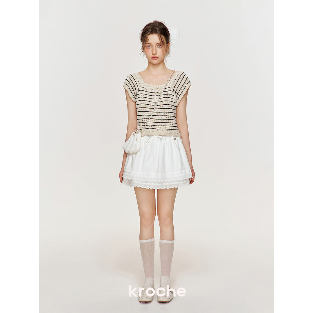 Kroche Hollow Out Lace Up Striped Knitted Top