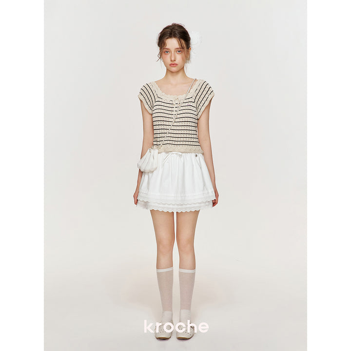 Kroche Hollow Out Lace Up Striped Knitted Top