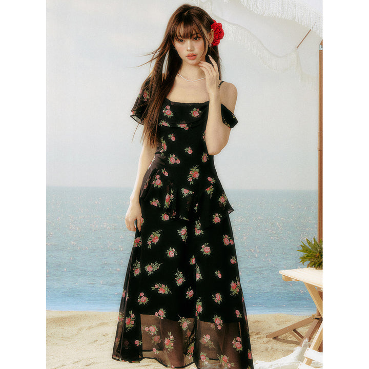 AsGony Ruffled Floral Slit Off-Shoulder Long Dress