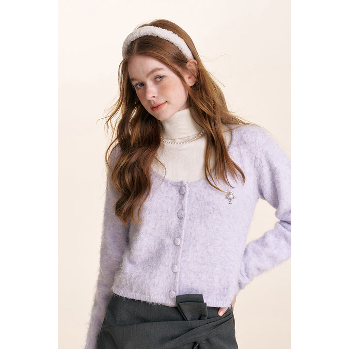 Kroche Sequin Embroidery U-Neck Woolen Cardigan Purple