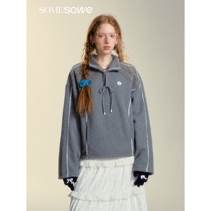 SomeSowe Lace Patchwork Fleece Sweatshirt Gray