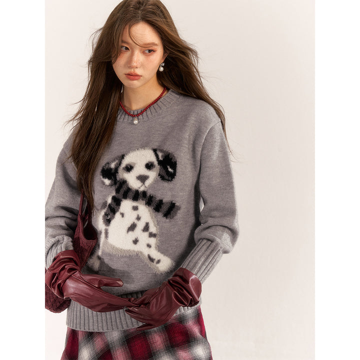 AsGony Spotted Puppy Knit Sweater Gray