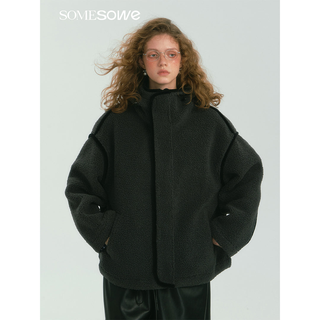 SomeSowe Contrast Color Edge Fleece Hooded Jacket Gray