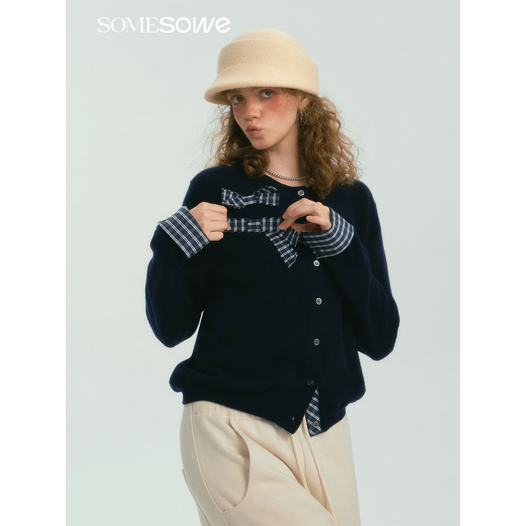 SomeSowe 3D Bow Plaid Knit Cardigan Navy Blue