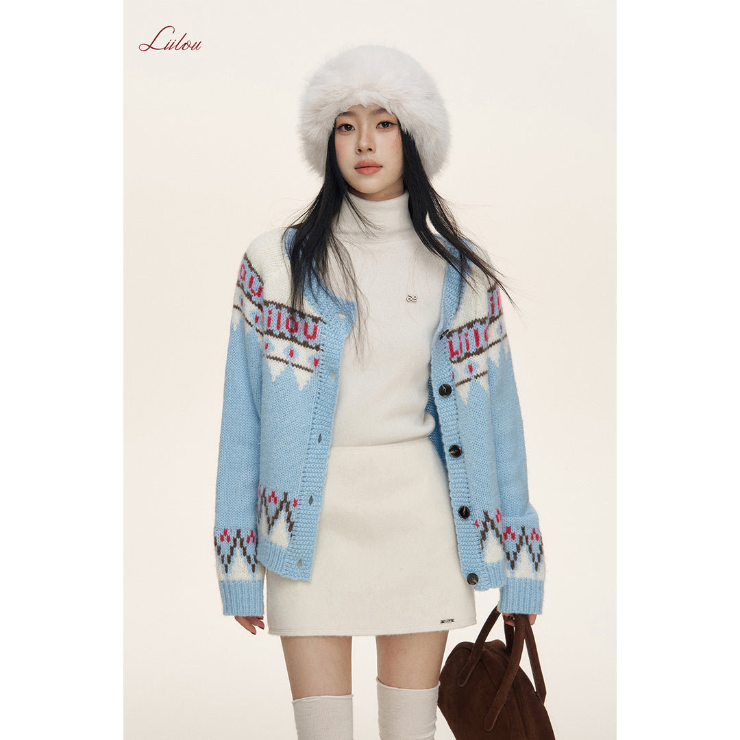 Liilou Fair Isle Jacquard Woolen Knit Cardigan Blue